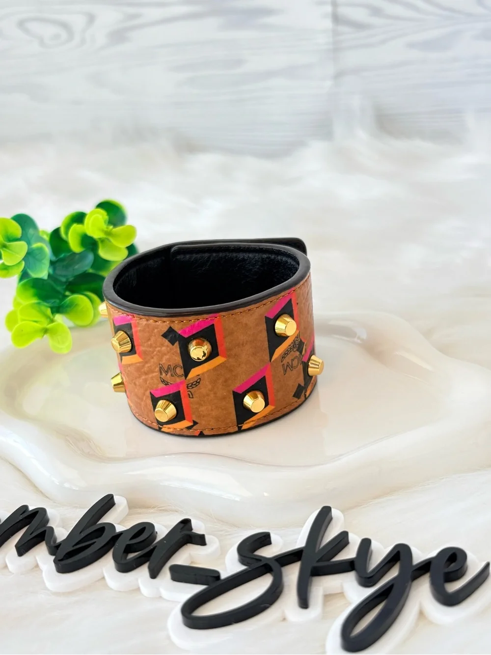 MCM Cognac Visetos Geometric Studded Leather Cuff with Pink & Black Accents